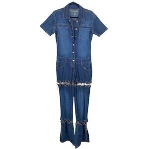 Y2K Neeso Blue Denim Jean Lace Up Chain Cut Out Jumpsuit SZ 9